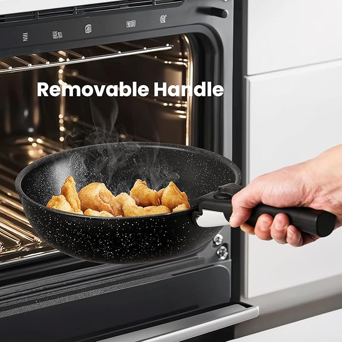 Hexago 12-Piece Black Granite Non-Stick Cookware Set with Detachable Handles – All-in-One Healthy Non-Toxic Pots and Pans for All Stovetops Dishwasher-Safe