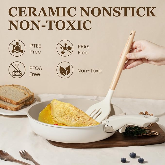 KIKCOIN Nonstick Pots and Pans Set 22 Pack Ceramic Cookware Set with Detachable Handle Induction RV Kitchen Cooking Set with Removable Handle Frying Pans - Dishwasher/Oven Safe PFOA Free