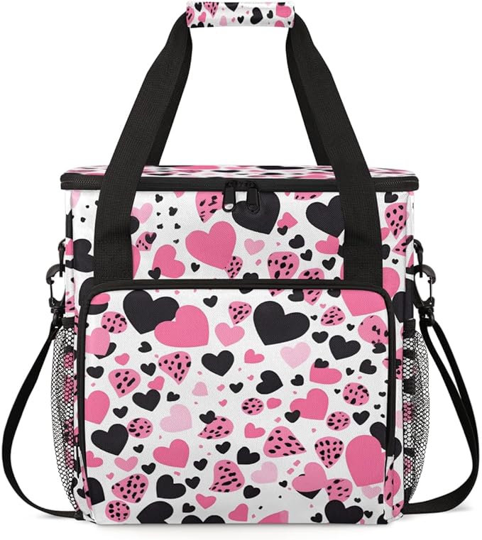 Heart Coffee Maker Carrying Bag Pink Black Portable Travel Storage Tote Bag Compatible with K-Mini or K-Mini Plus Single Serve Coffee Brewer Carrying Case with Multiple Pockets &amp Shoulder Strap