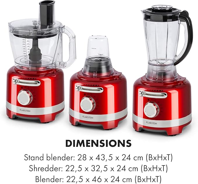 Klarstein Luca Multi-Function Mixer Blender Chopper Kitchen Grater Juicer Food Processor 1000 Watt Stepless 6 Levels BPA Free 3 Litres 3 L Measuring Cup Spatula Red