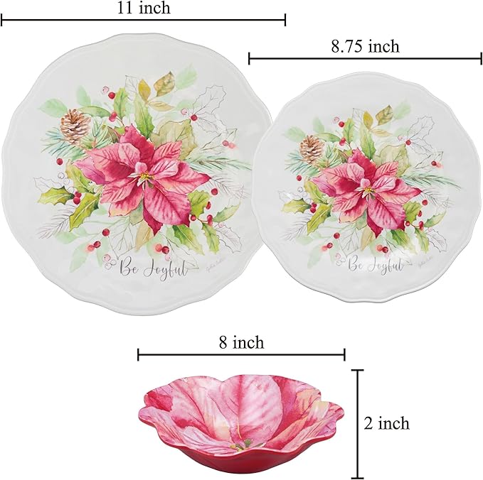 UPware 12 Piece Joyful Holiday Melamine Dinnerware Sets Outdoor Dishes Set Plates and Bowls Sets Christmas Decorations Service for 4 Red