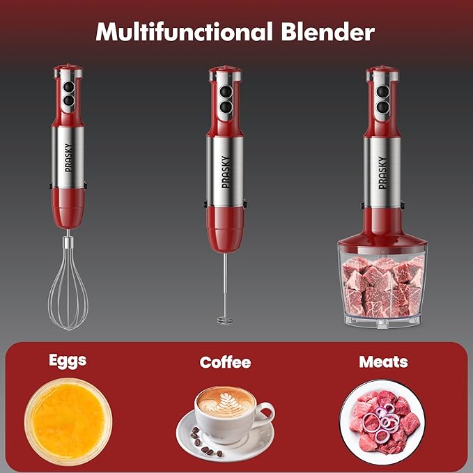 Immersion Blender Handheld Hand Blenders 20 Speed &amp Turbo Mode Hand Held Blender Heaviest Duty Copper Motor Stainless Steel Blades Milk Frother Wand Whisk 600ml Beaker 500ml Chopper (Red)