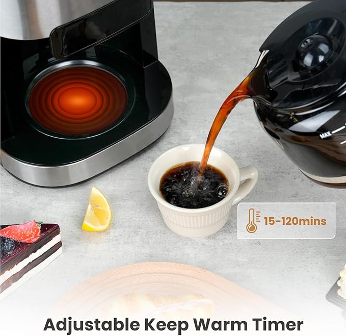 Gevi 10-Cup Drip Coffee Maker with Built-in Grinder Programmable Brew Coffee Machine with Timer Reusable Filter 1.5L Water Tank Coffee Pot Warming Plate Burr Grinder Combo