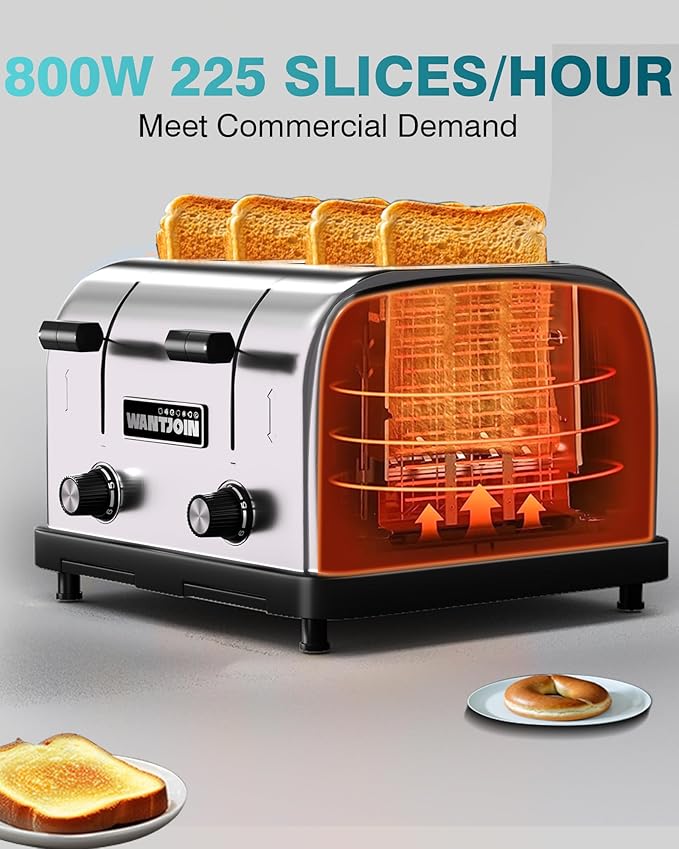 WantJoin Commercial 4-Slice Toaster 1800W 225 Slices/Hour with 1.57 Inch Wide Slots 6-Level Setting &amp Removable Crumb Tray Stainless Steel for Restaurant Breakfast (Bread Bagels)
