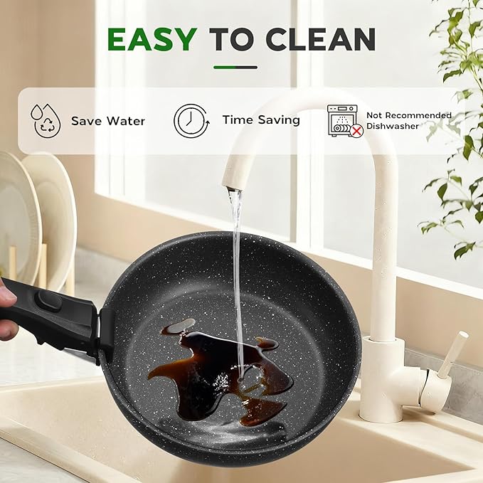 Walchoice 5Pcs Pots and Pans Set Granite Nonstick Cookware Set with Detachable Handle Stackable Kitchen Cooking Set with Saucepan Frying Pans Induction Compatible &amp Oven Safe - Black