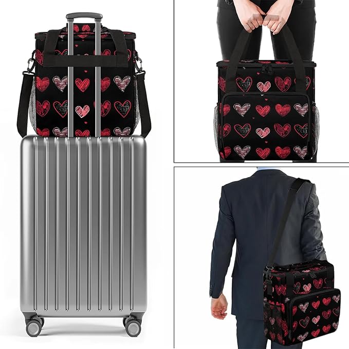Valentine's Day Black Red Heart Coffee Maker Carring Bag Large Insulated Storage Organizer Case Tote Bags with Shoulder Strap for Travel Work Picnic