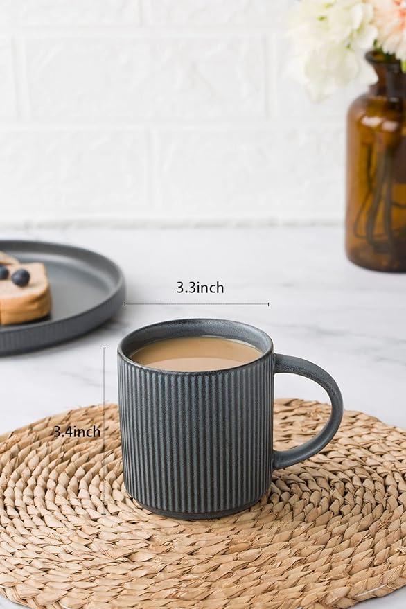 Famiware Dinnerware Set for 4 (12 Piece) and Coffee Mug Set for 6 (12 oz) - Matte Dark Charcoal
