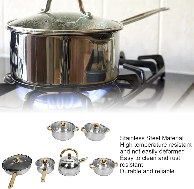 Pots and Pans Set Stainless Steel Rustproof Stick Proof Safe Cookware Set Kitchen Cooking Sets for Home Kitchen Restaurant (Golden Handle with Kettle)