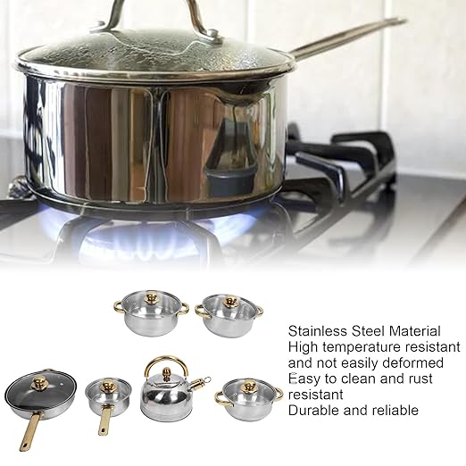 Pots and Pans SetPremium Stainless Steel Cookware Set - Proof and Stick Proof Pan and Pot Set with Gold Handles and Kettle - Ideal for Home Kitchens and Restaurants (Gold Handle with Kettle)