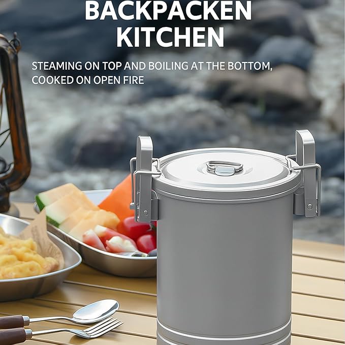 3-in-1 Camping Rice Cooker &amp Steamer Pot – 304 Stainless Steel Outdoor Cookware with Strainer Lid &amp Foldable Handle – Portable Travel Cooking Pot for Hiking Backpacking Campfire Cooking
