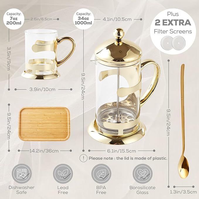 DUJUST Gold French Press Set with 6 Cups &amp 1 Tray Luxury Design Coffee Maker Set with 4-Level Filter System Hot&ampCold Resistant Glass French Coffee Press Set Well Packed Holiday Gift &amp