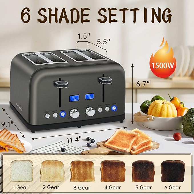 SEEDEEM Toaster 4 Slice LCD Display 6 Shade Settings 1.5'' Wide Slots Digital Stainless Toaster for Bagel Defrost Reheat Dual Control Removable Crumb Tray 1500W Dark Metallic