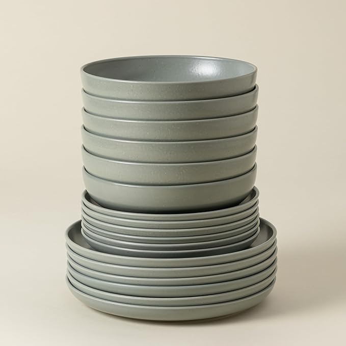 Casafina Ceramic Stoneware 18-Piece Place Setting Service for 6 with Pasta Bowls - Pacifica Collection Artichoke Green | Microwave &amp Dishwasher Safe Dinnerware Set | Restaurant Quality Tableware