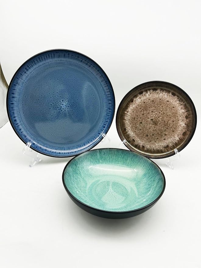 Tudor 12 Piece Mixed Dinnerware SetService for 2 Blue GreenBrown Reactive Glaze Dish Set Plates and Bowls SetPremium Quality Tableware Unique Pattern Glossy helps with weight loss