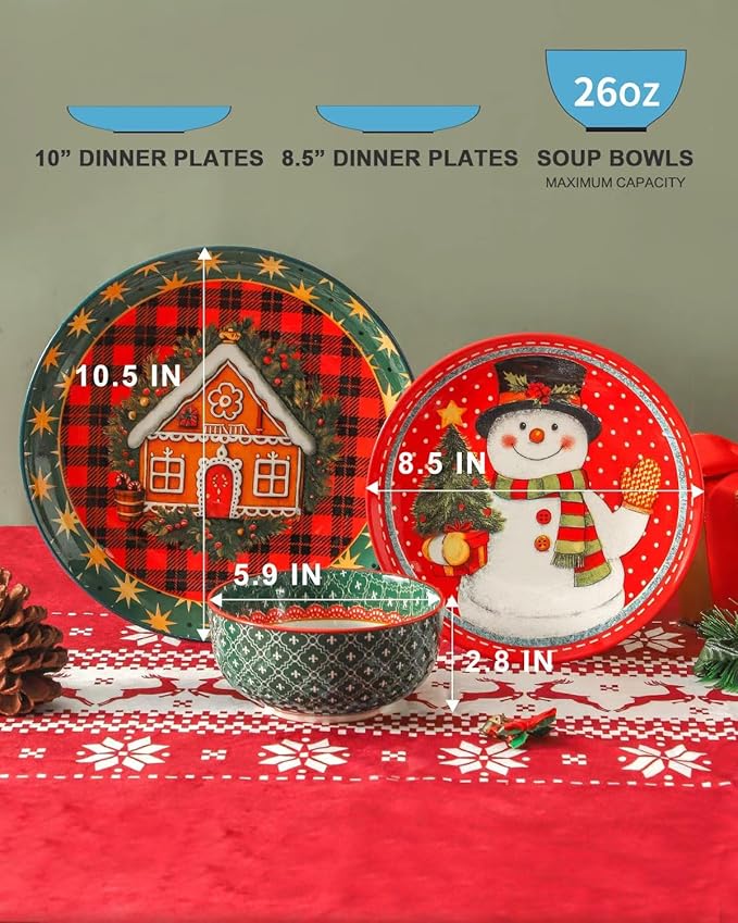 Hasense 12 Pieces Christmas Dinnerware Set Ceramic Dish Plates and Bowls Red &amp Green Design Dinnerware Sets for 4 Dishwasher &amp Microwave Safe Dishes Ideal for Christmas Gift