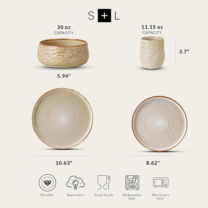 Stone by Mercer Project SHOSAI 16-Piece Stoneware Dinnerware Set Plates and Bowls Set Modern Dishware set fo 4 Sand