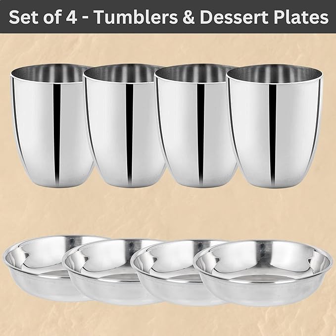 Stainless Steel Dinnerware Set of 32 Pcs (Dinner Plates Cups Dishes Bowls) Metal Dinnerware Sets Dishwasher Safe Reusable Dinner Set for Home Kitchen Camping - Service for 4