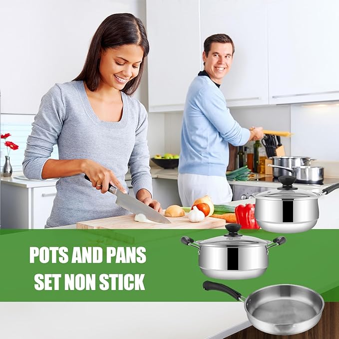 Pots And Pans Set Non Stick 3pcs Stainless Kitchen Cookware Kitchen Utensils Set Kitchen Cookware Pots and Frying Sauce Pans Set for Simmering Sautéing Frying