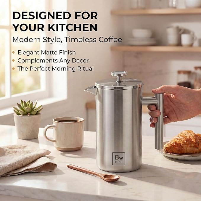 Barista Warrior French Press Coffee Maker Stainless Steel with Built-In Thermometer - Insulated Double Wall Design Dual Filter System Stay-Cool Handle &amp Wood Spoon - Silver