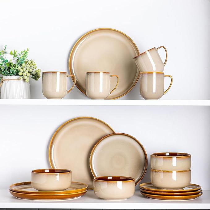 LERATIO Ceramic Dinnerware Sets for 8Plates and Bowls SetsReactive Glaze Dishes SetHighly Chip and Crack Resistant | Dishwasher &amp Microwave &amp Oven Safe Dishes setService for 8-Kahki (24pc)