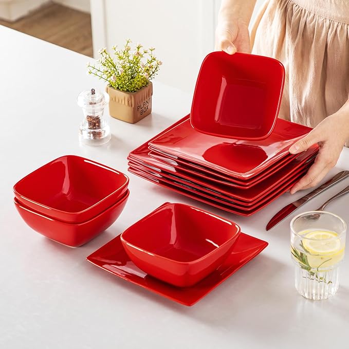 vancasso Soho Dinnerware Sets 12 Pieces Red Stoneware Square Place Setting Dinner Plate Plates and Bowls Sets Dishes Service for 4