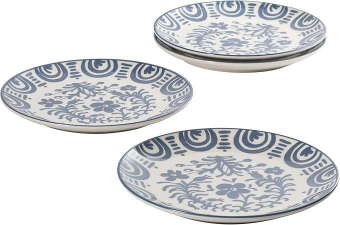 Bloomhouse - 2-Time Oprah’s Favorite Things - Valencia Flor 4 Piece Dessert &amp Salad Plate Set 8.75” Stoneware Plates Mediterranean Floral Decal Design Microwave &amp Dishwasher Safe Iris Blue
