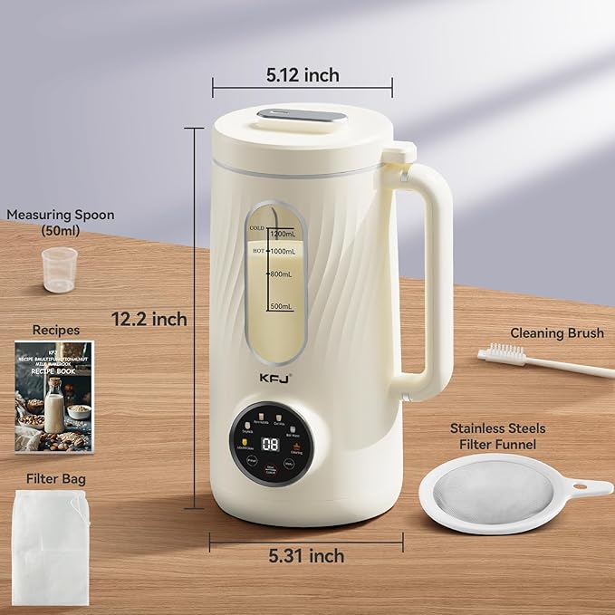 KFJ 8 in 1 Nut Milk Maker Machine 41oz Homemade Coconut Soy Oat Almond Plant Based Milks and Non-Dairy Beverages with Delay Start/Boil Water/Self-Cleaning White