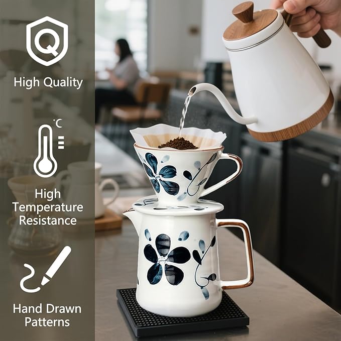 Ceramic Pour Over Coffee Maker Set Ceramic Coffee Dripper with Single Hole Coffee Pot &amp 100 Paper Filters for Home Travel Camping (1-2 Cup)