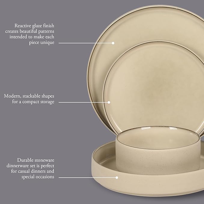 Gibson Elite Liberty Bay 16-Piece Pottery Clay Stoneware Dinnerware Set – Taupe Reactive Glaze Stackable Plates and Bowls W/Pasta Bowl Service for 4 – Microwave &amp Dishwasher Safe