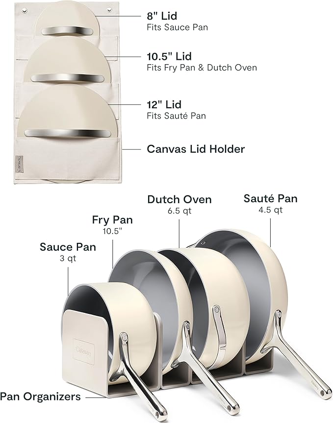 Caraway 23-Piece Nonstick Ceramic Cookware &amp Bakeware Set – Pots Frying Pans Lids Baking Sheets Pans Cooling Rack &amp Storage – Oven Safe Non-Toxic – Compatible with All Stovetops - Cream