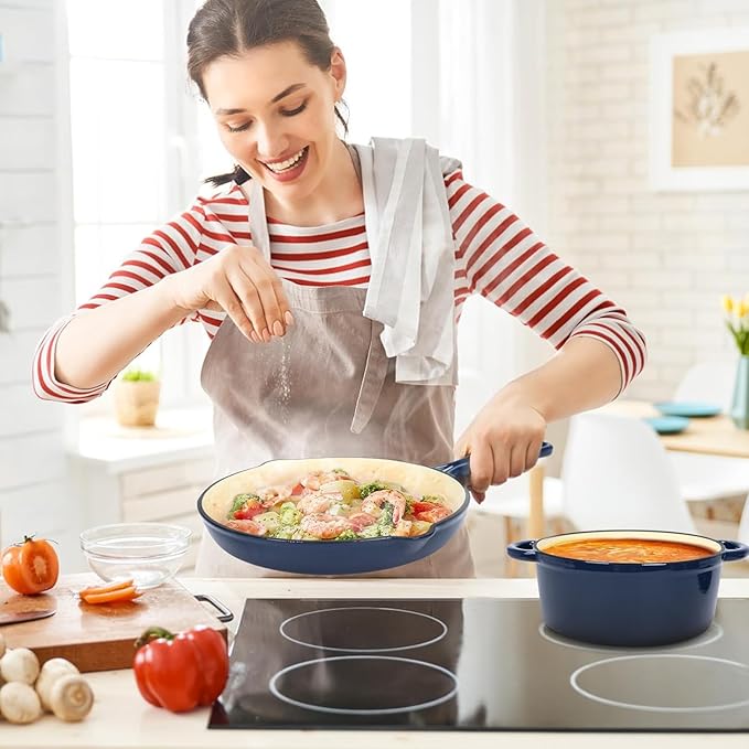 Hisencn Enameled Cast Iron Cookware Set - 7 Piece Dutch Ovens Set Sauce Pan Skillet 3 Lids Pots and Pans Set Ceramic Coated Cast Iron Heavy Duty Gas/Induction Compatible PFA Free