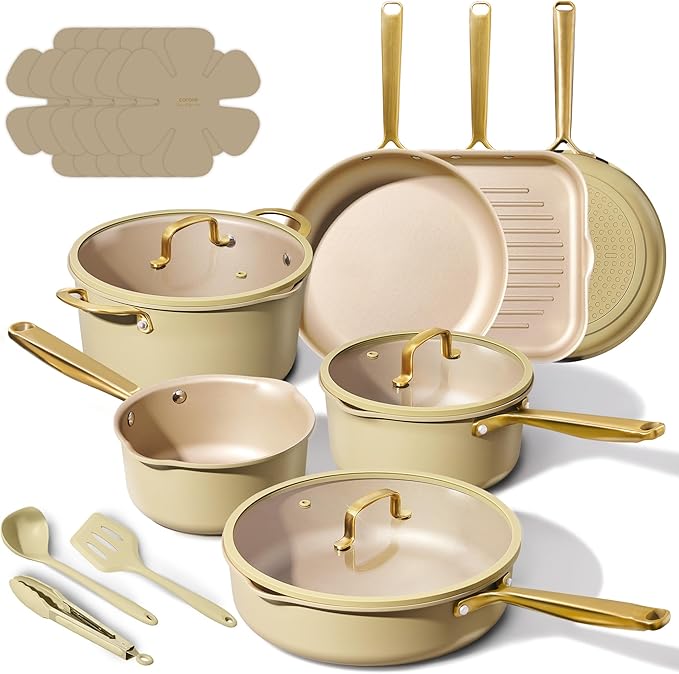 CAROTE 19Pcs Pots and Pans Set Non Stick Induction Cookware Sets with Durable Cast Steel Handle Oven-Safe Pots and Pans with Cooking Utensils PFOS/PFOA Free Dishwasher Safe Aluminum