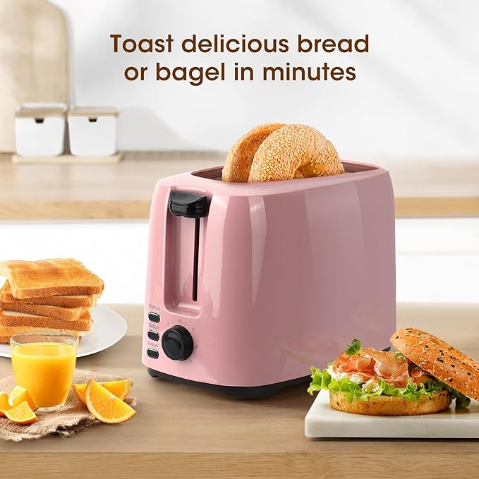 iSiLER 2 Slice Toaster 1.3 Inches Wide Slot Bagel Toaster with 7 Shade Settings and Double Side Baking Removable Crumb Tray Defrost Cancel Function Pink