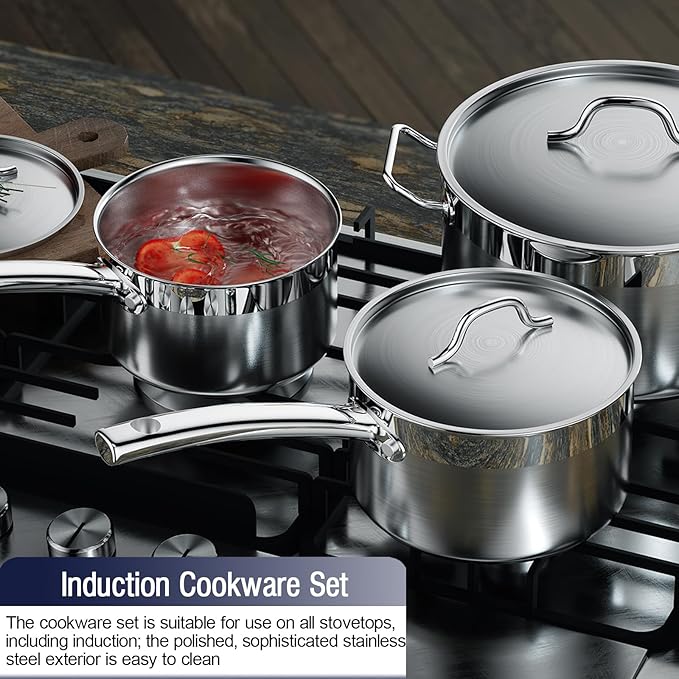 Cooks Standard Kitchen Cookware Sets Stainless Steel Professional Pots and Pans Include Saucepan Sauté Pan Stockpot with Lids 8-Piece Silver