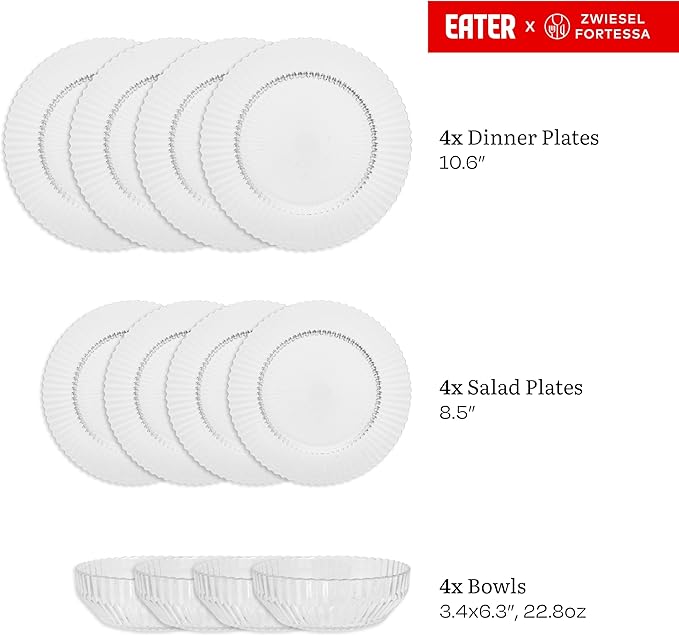 Eater x Zwiesel Fortessa Seraphina Glass 12 Piece Dinnerware Set (Service for 4) Clear