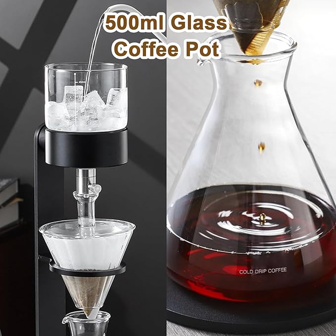 Iced Drip Coffee Maker Drip Cold Brew Coffee Maker with Stainless Steel Adjustable Valve 500ml Borosilicate Glass Pot Makes 2-3 Cups for Home Office Gifts