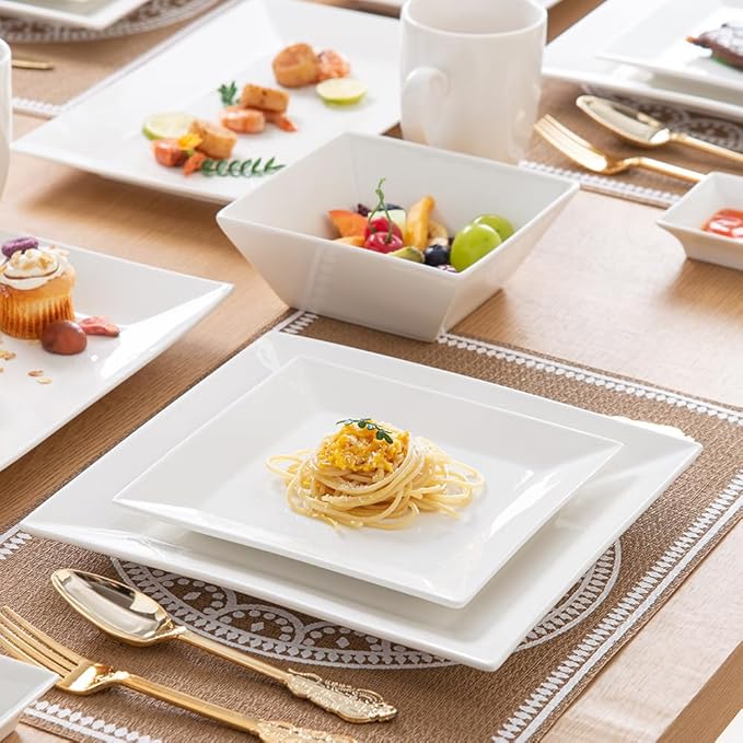 Porlien 16-Piece Classic Square Dinnerware Set for 4-Square Dinner Plates Dessert Plates Bowls &amp Dipping Saucers Off White Dishes for 4