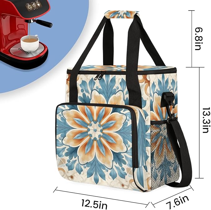 Retro Floral Design Coffee Maker Travel Bag for Keurig K-Mini/K-Mini Plus Insulated Waterproof Tote with Pockets for K-Cup Portable Single-Serve Brewer Case
