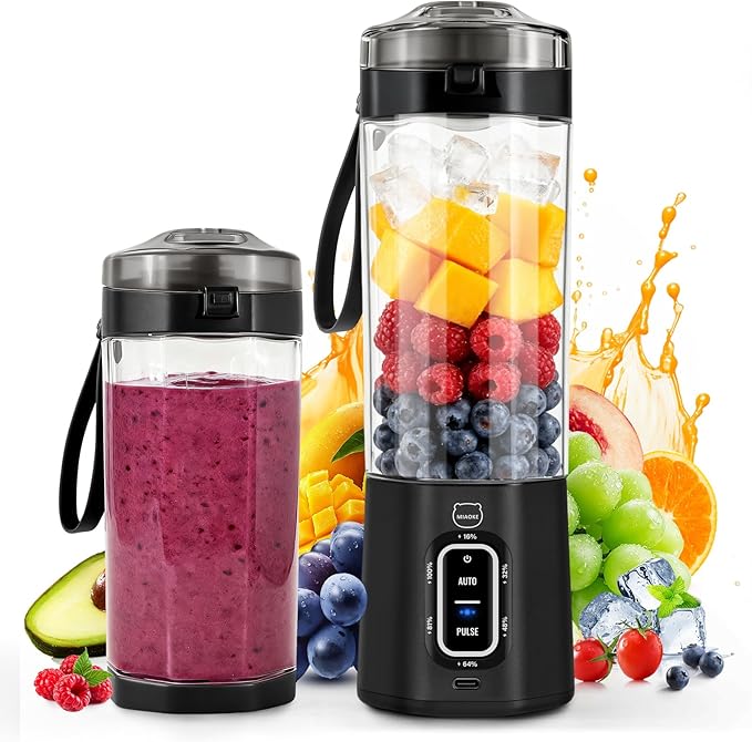 MIAOKE 2026 Upgrade 700 ML Portable Smoothie Blender Rechargeable Personal Blende Contains both Automatic and Pulse Functions with Travel Cup and Lid 6 Sharp Blades Mixer Blender Machine Black