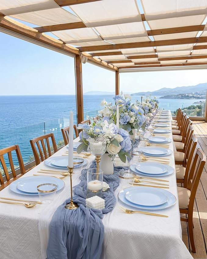 bUCLA 150PCS Blue Plastic Plates - Light Blue and Gold Disposable Include 25 Each (Dinner &amp Dessert) Plates 25 Knives 25 Forks 25 Spoons and 25 Cups Ideal for Party Easter Birthday &amp Wed