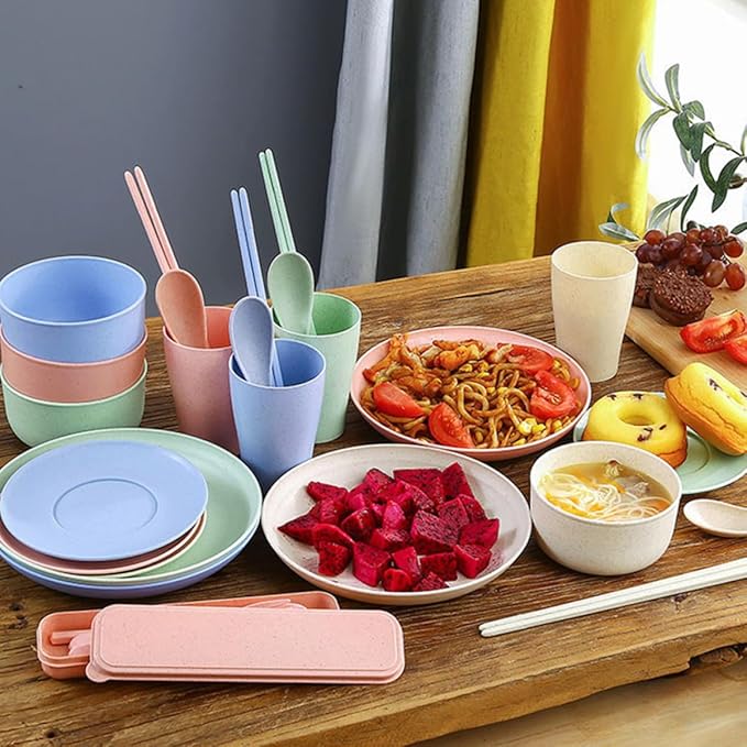 VALICLUD Portable Wheat Fiber Dinnerware Set 28pcs Including 7pcs Classic Nordic Pink Blue Green Beige Sets round Bowls Plates and Cups for Camping and Home Use