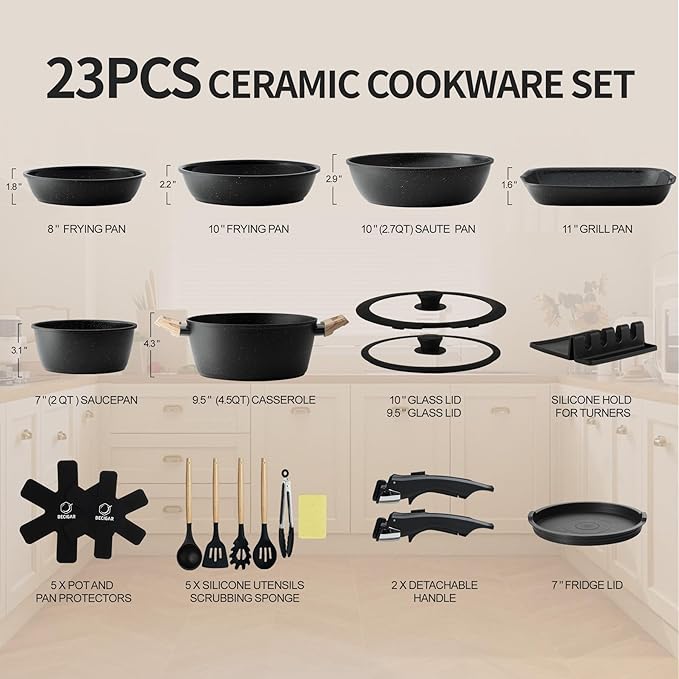 23pcs Ceramic Pots and Pans Set Nonstick Detachable Handle Cookware Induction Kitchen Cooking Set with Removable Handleinclude Frying Pans &amp Saucepans Oven Safe (Black)