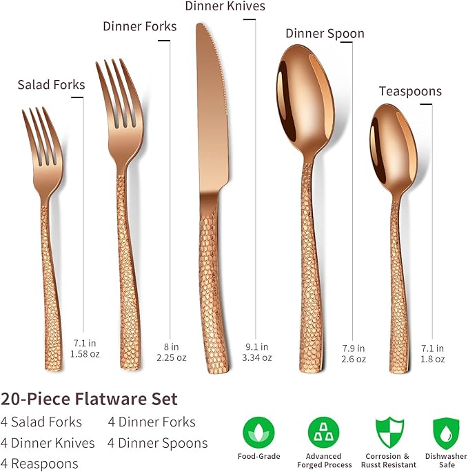 20-Piece Rose Gold Hammered Stainless Steel Flatware Set for 4 Including Fork Knife Spoon Set Home Kitchen Cutlery Sets Dishwasher Safe
