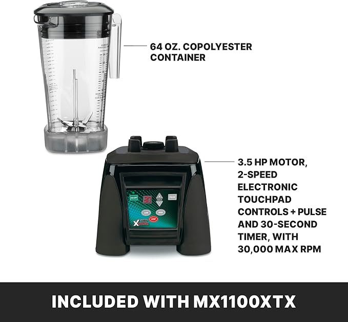 Waring Commercial MX1100XTX 3.5 HP Blender with Electronic Keypad Pulse Function 30 SecondCountdown Timer and a 64 oz. BPA Free Container 120V 5-15 Phase PlugBlack