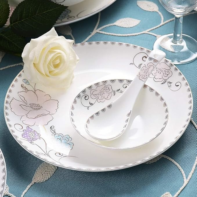 Dinnerware Set Dinner Set Plates and Bowls Set Bowl/Dish/Soup Pot/Spoon|Bone China Dinner SetsPurple Flower Pattern Porcelain Combination Set(