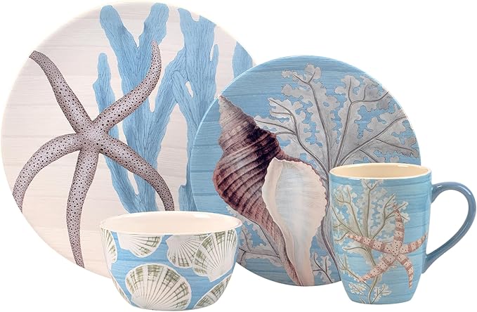 Beyond The Shore 16 Piece Dinnerware Set Service for 4 – Earthenware Ocean-Inspired Plates Bowls &amp Mugs – Durable Microware and Dishwasher Safe – Coastal Décor Beach House Dining