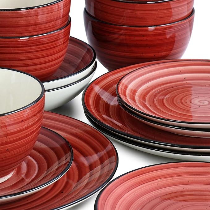 24-Piece Stoneware Dinnerware Set – Round Two-Tone Hand-Painted Dishes with Swirl Design Service for 6 Microwave &amp Dishwasher Safe Tableware (Red)