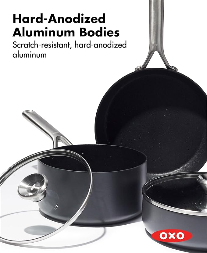 OXO Professional 5 Piece Cookware Pots and Pans Set Hard Anodized Ceramic Nonstick PFAS-Free Stainless Steel Handles Induction Suitable Diamond Reinforced Coating Dishwasher and Oven Safe Black