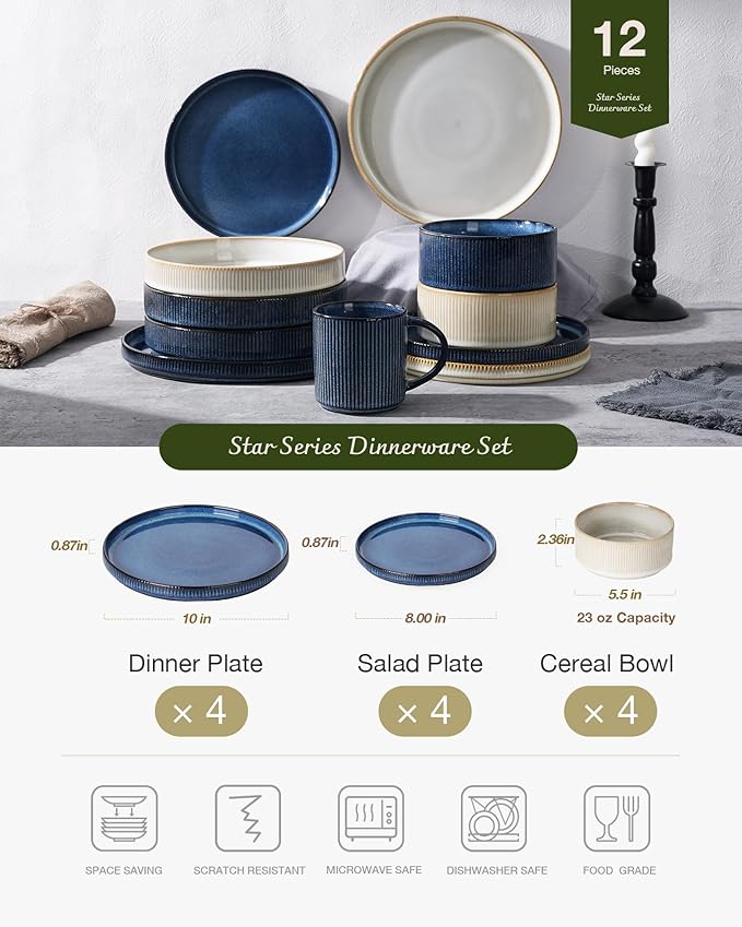 Famiware Star Dinnerware Set Plates and Bowls Sets for 4 (12pcs) Ribbed Stoneware Dishes - Chip &amp Scratch Resistant Microwave &amp Dishwasher Safe Multicolor - Cappuccino White &amp Nebulas