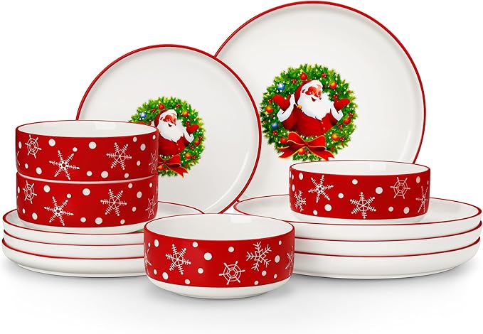 MALACASA Plates and Bowls Sets 12 Pieces Christmas Porcelain Dinnerware Set for 4 Ceramic Dishware Dishes Kitchen Dinner Dining Ware Set Microwave and Dishwasher Safe Series LUNA-Santa Claus